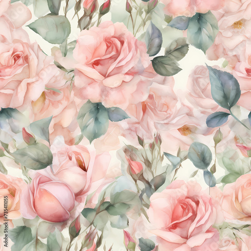 Seamless floral pattern with watercolor pink roses and green leaves. Print for wallpaper, cards, fabric, wedding stationary, wrapping paper, cards, backgrounds, textures