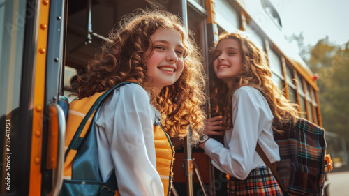 Happy smiling teenage schoolgirls in plaid skirt and white blouse with vest, with school backpack, boarding school bus, space for education concept