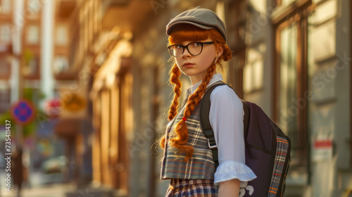 A red-haired teenage girl walks along a city street to school, wearing a plaid skirt and a white blouse with a vest, with a school backpack, a bright sunny day and a back to school concept