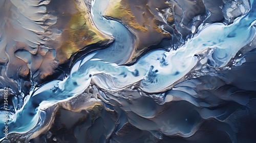 Abstract icelandic glacier rivers melting pattern in summer at highlands of iceland,, Topdown View Of Glacier River Stream Reaching Iceland's Coast