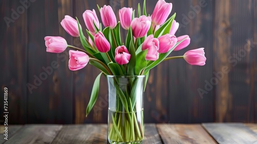 Elegant Pink Tulips in Glass Vase on Wooden Table AI Generated.