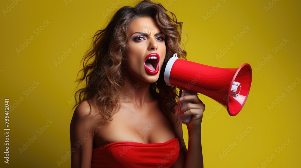 A woman in a red dress expressing loudly through a megaphone against a yellow background A woman in a red dress expressing loudly through a megaphone against a yellow background