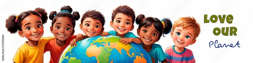 Banner for World Environment Day children hugging globe, caption Love Our Planet. Background for poster, banner, social networks.