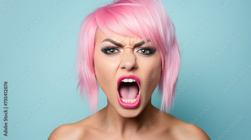 A woman with vibrant pink hair expresses shock or anger, mouth wide open, against a teal background