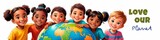 Banner for World Environment Day children hugging globe, caption Love Our Planet. Background for poster, banner, social networks.