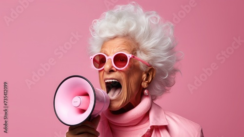 An energetic elderly woman with white hair shouts into a megaphone, wearing vibrant pink glasses and attire, against a pink background photo