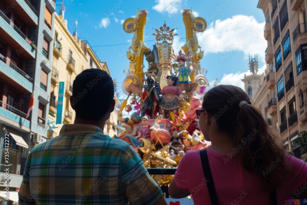 view from behind, a people view the impresionant monument of las fallas festivity in Valencia
view from behind, a people view the impresionant monument of las fallas festivity in Valencia