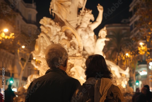 view from behind, a people view the impresionant monument of las fallas festivity in Valencia