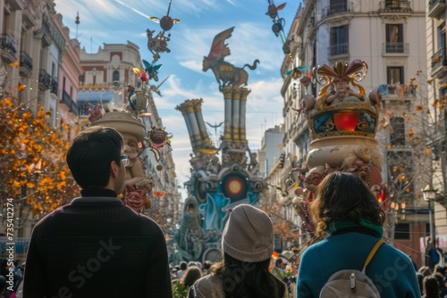 view from behind, a people view the impresionant monument of las fallas festivity in Valencia


 photo