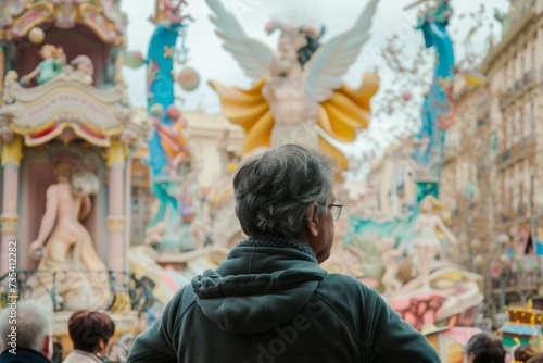 view from behind, a people view the impresionant monument of las fallas festivity in Valencia
