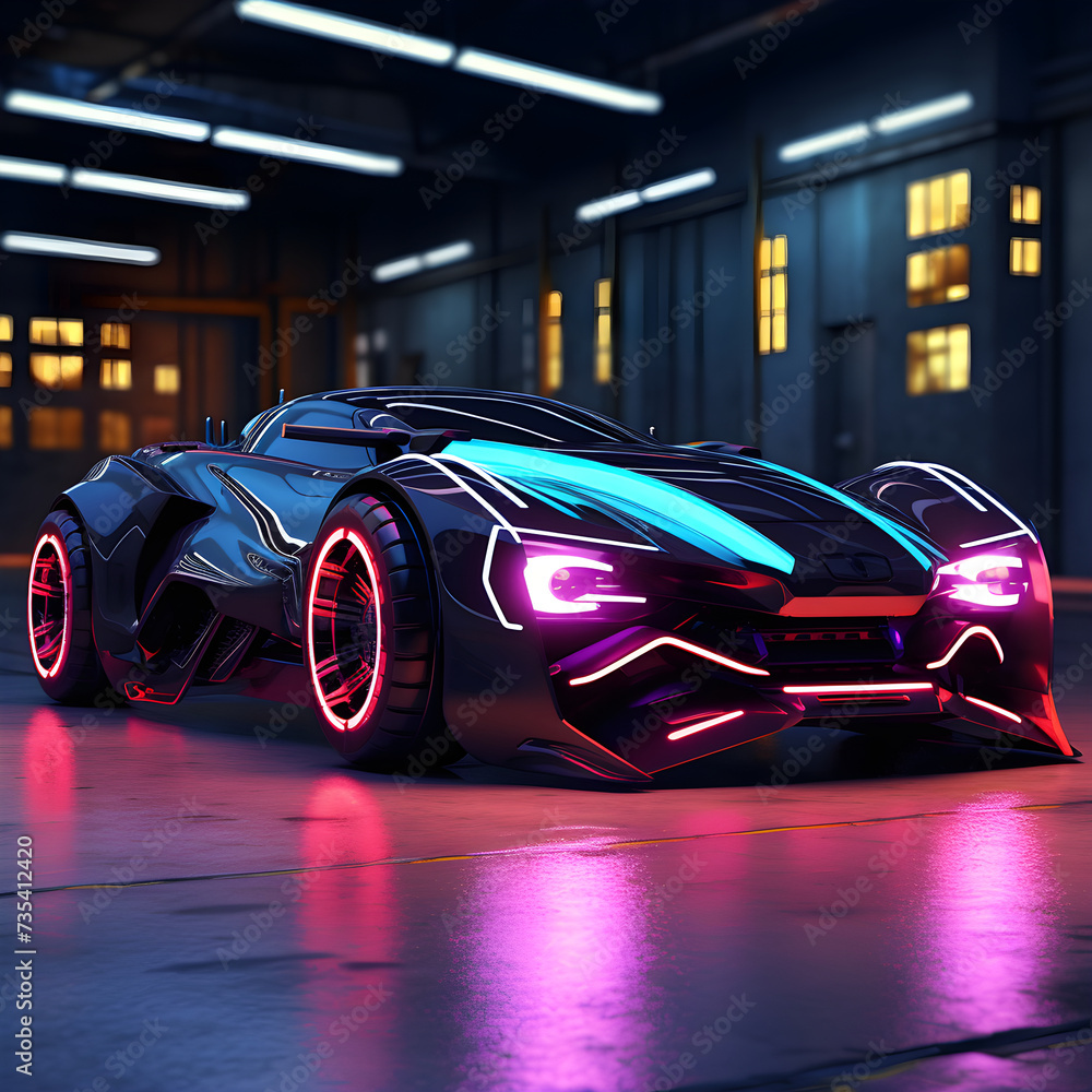 Captivating Futuristic Car Monster. Witness a futuristic car monster featuring neon lights and sleek design, rendered in captivating 3D cartoon.