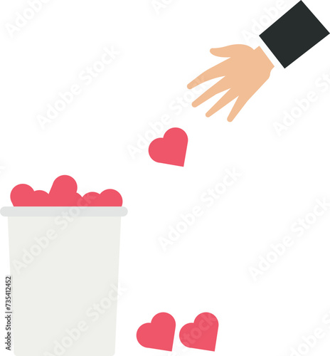 A man leaves a heart into the trash and unwanted or emotional concept,
