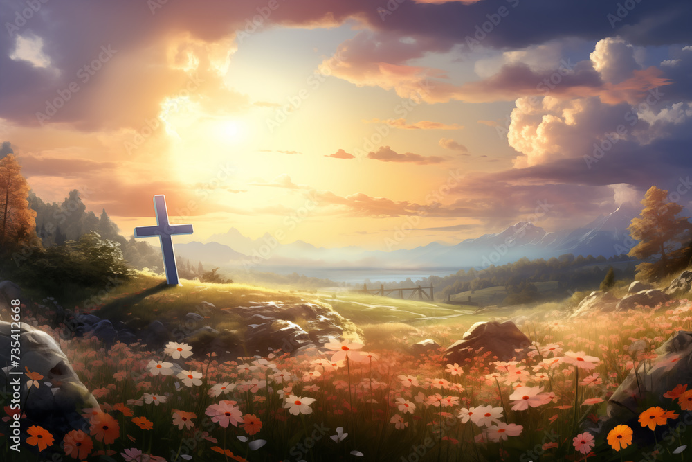 Jesus Christ Resurrection, Christian Easter holiday Background. Resurrection Sunday. Easter background and greeting card concep. Cross on a hill and bright spring flowers. - obrazy, fototapety, plakaty 