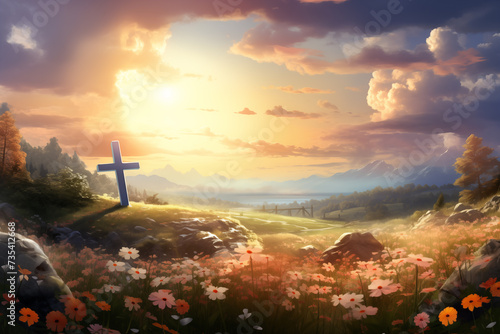 Jesus Christ Resurrection, Christian Easter holiday Background. Resurrection Sunday. Easter background and greeting card concep. Cross on a hill and bright spring flowers.
