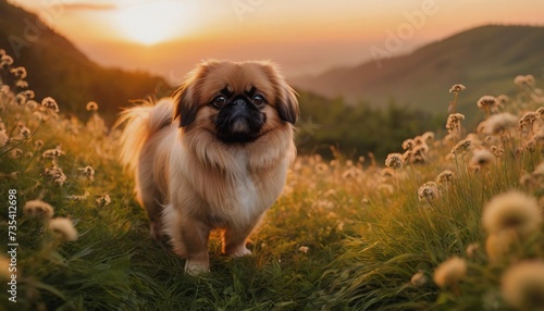 Pekingese, dog at dawn, purebred dog in nature, happy dog, beautiful dog photo