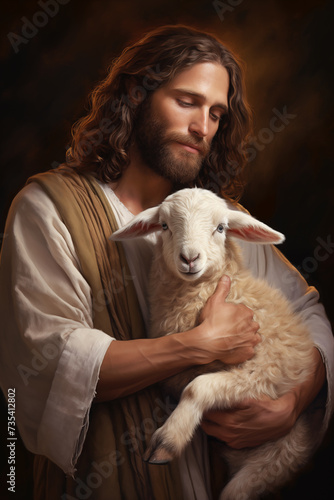 Easter background with Jesus Christ and white Paschal lamb. Jesus Christ Resurrection, Christian Easter Background. Resurrection Sunday. Easter greeting card concept