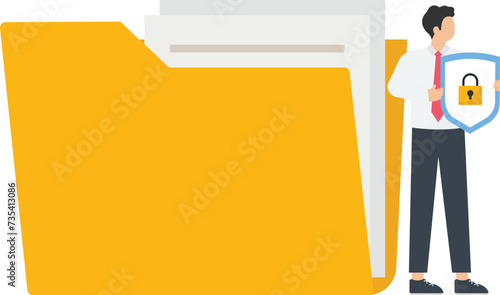 Businessman with a shield protecting a file folder or security document concept,
