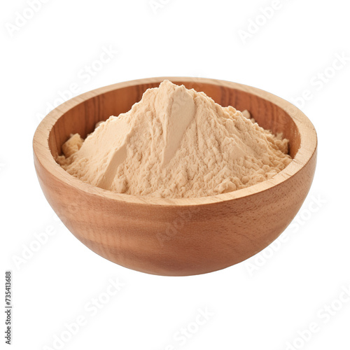pile of finely dry organic fresh raw gentian root powder in wooden bowl png isolated on white background. bright colored of herbal, spice or seasoning recipes clipping path. selective focus photo