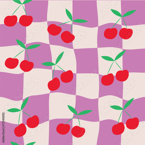 Checkered Beautiful cherries seamless pattern on pink and white Warped checkerboards. For food print, kitchen décor, wrapping paper and textile 