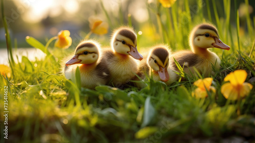 A group of small fluffy ducklings in a green meadow with flowers.