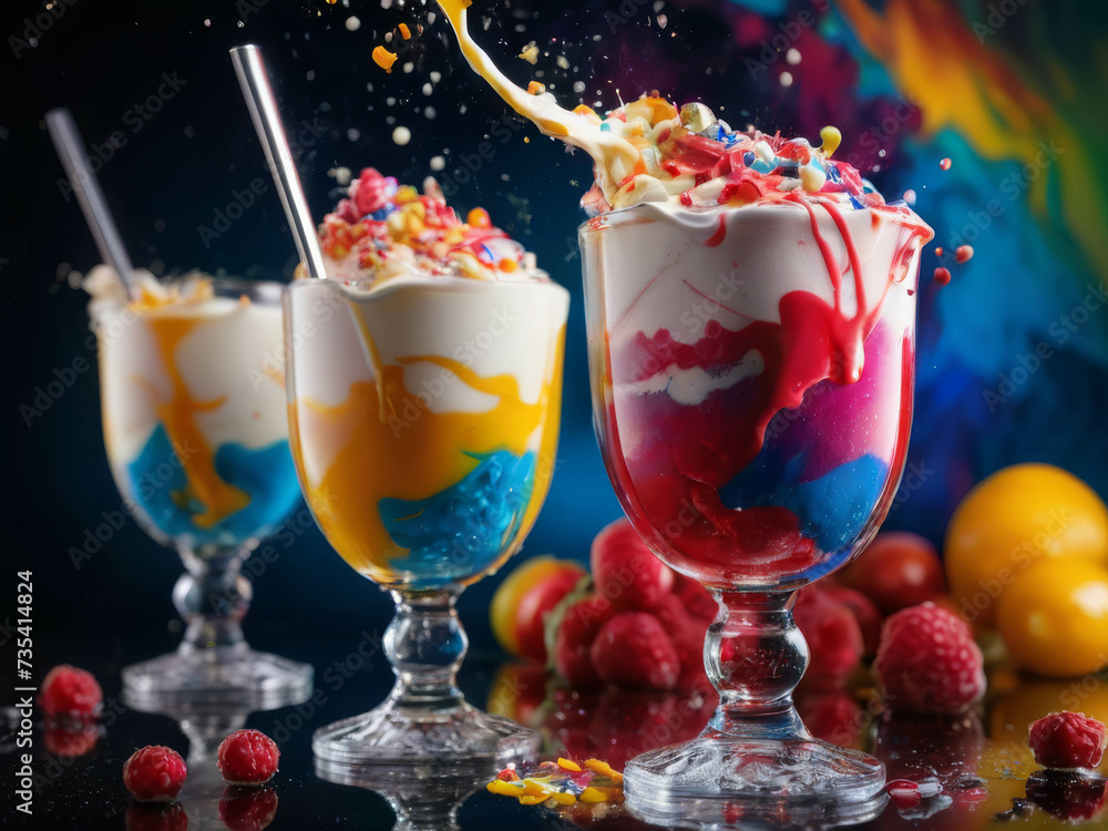 Colorfull ice-cream in glass with splashes of milk