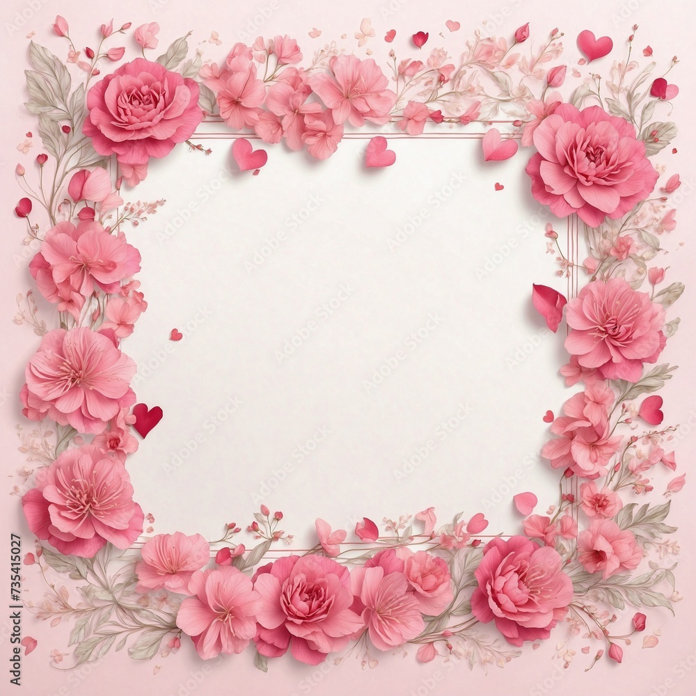 Frame with pink flowers and white blank center. AI Generated.