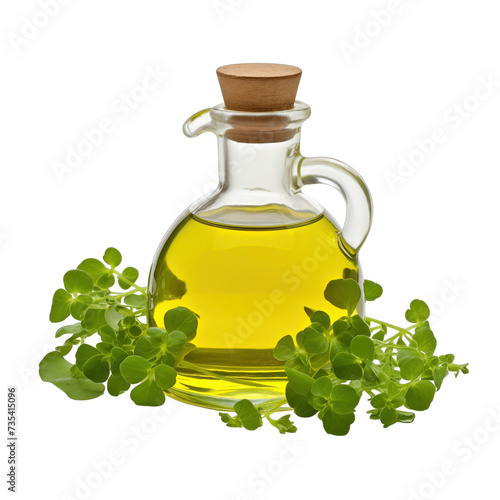 fresh raw organic garden cress oil in glass bowl png isolated on white background with clipping path. natural organic dripping serum herbal medicine rich of vitamins concept. selective focus photo