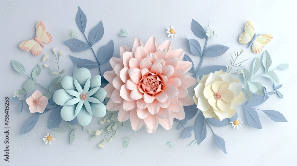 3d paper flowers isolated on white background, decorative design elements, greeting card