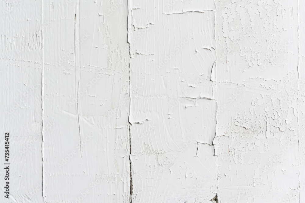 Fototapeta premium A close-up of a white painted wall with varying textures, showing smooth areas, brush marks, and cracking paint.