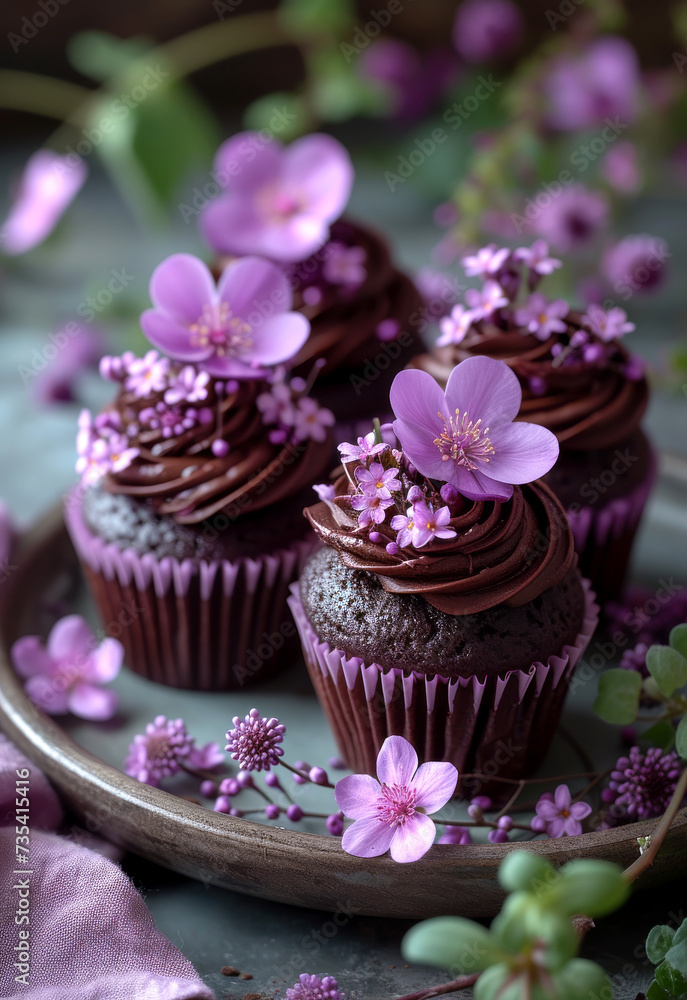 Chocolate cupcakes with pink flowers on plate. An app with images of flowers with chocolate cupcakes Chocolate cupcakes with pink flowers on plate. An app with images of flowers with chocolate cupcakes