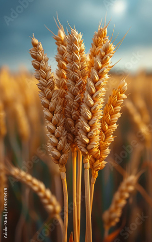 Golden wheat ears on the field. Grain of wheat bag in a field