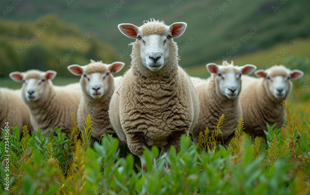 Obraz premium Sheep standing in row in field. Several sheep are standing in a field