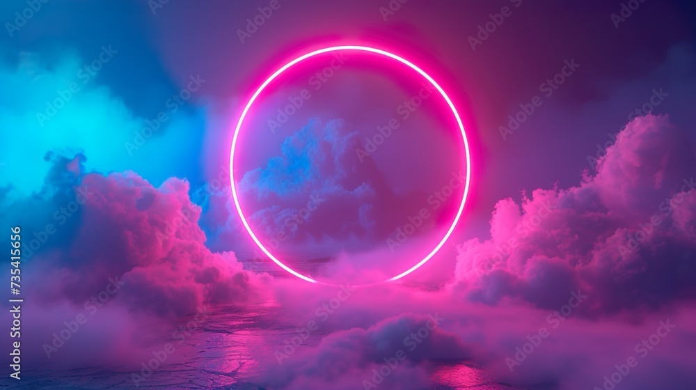 3d render, abstract cloud illuminated with neon light ring on dark night sky. Glowing geometric shape, round frame 3d render, abstract cloud illuminated with neon light ring on dark night sky. Glowing geometric shape, round frame