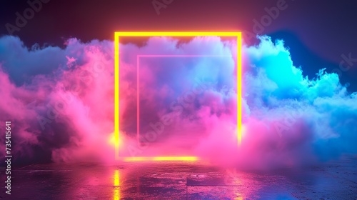 3d render  abstract cloud illuminated with neon light ring on dark night sky. Glowing geometric shape  round frame