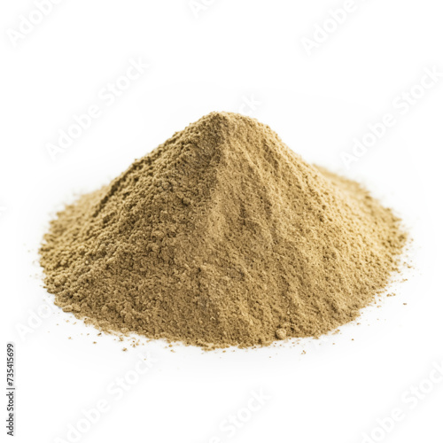 close up pile of finely dry organic fresh raw zaatar powder isolated on white background. bright colored heaps of herbal, spice or seasoning recipes clipping path. selective focus photo