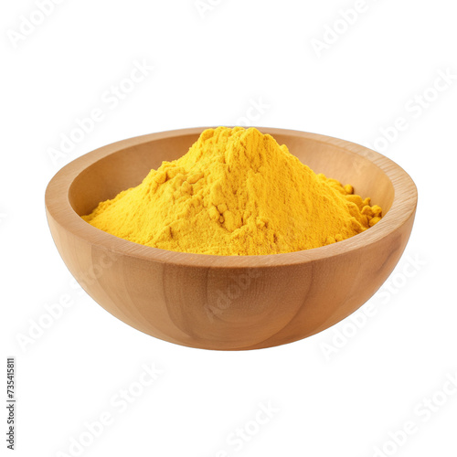 pile of finely dry organic fresh raw goldenrod powder in wooden bowl png isolated on white background. bright colored of herbal, spice or seasoning recipes clipping path. selective focus photo