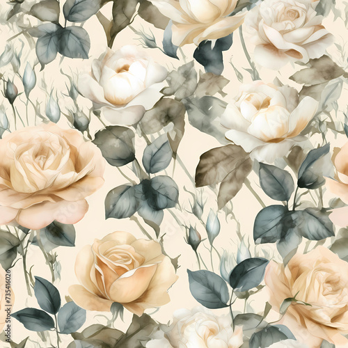 Seamless floral pattern with watercolor roses and green leave. Print for wallpaper, cards, fabric, wedding stationary, wrapping paper, cards, backgrounds, textures