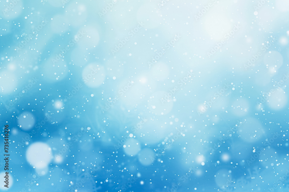 Abstract soft blue background with a dreamy bokeh effect of light circles and sparkling particles, resembling snowfall.
