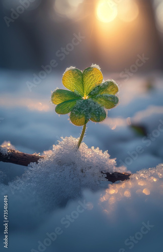 Small green plant sprouts through the snow in the rays of the rising sun.