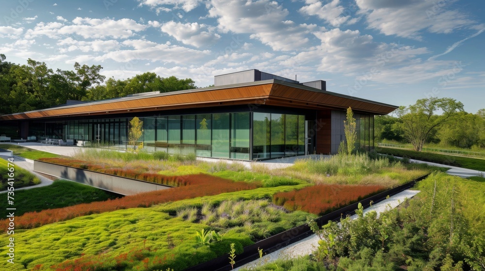 The exterior of this office features a green roof not only promoting energy efficiency but also providing a picturesque view for workers and visitors alike. The exterior of this office features a green roof not only promoting energy efficiency but also providing a picturesque view for workers and visitors alike.