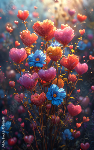 Colorful flowers in the magical forest. Bunch of hearts and flowers with hearts