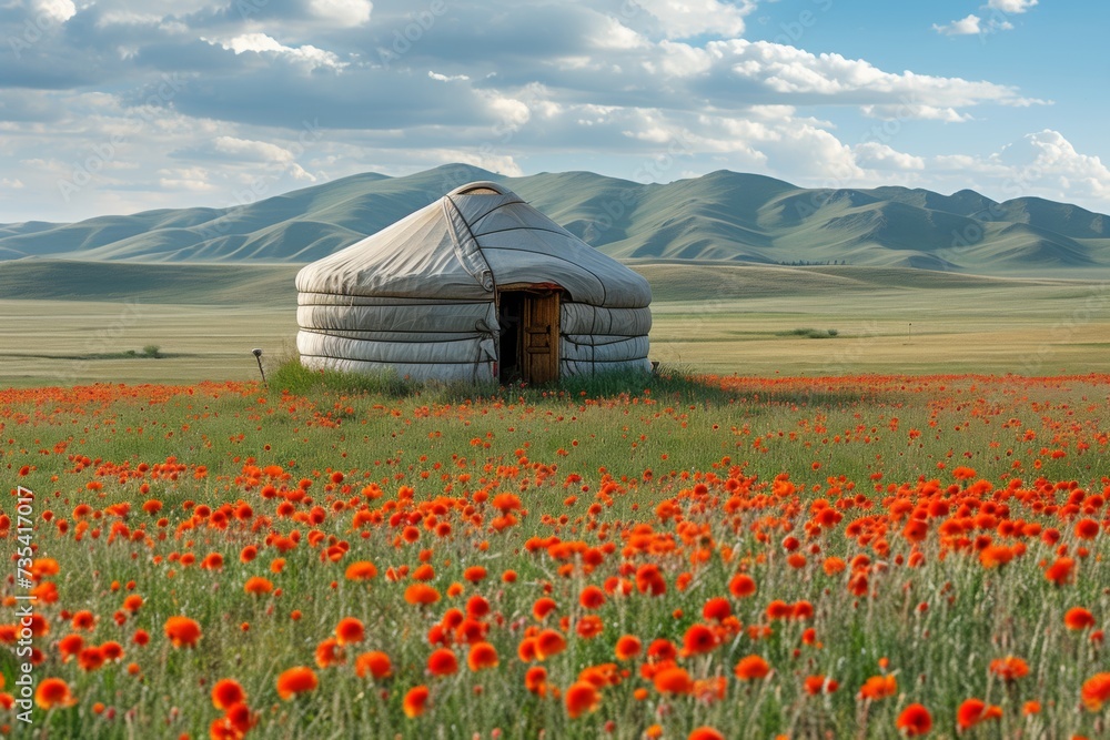 A yurt sits in a field of red flowers, surrounded by a natural landscape
