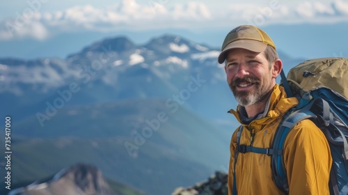 Hiker on Summit, Feeling Accomplished and in Awe of Scenic Mountain AI Generated