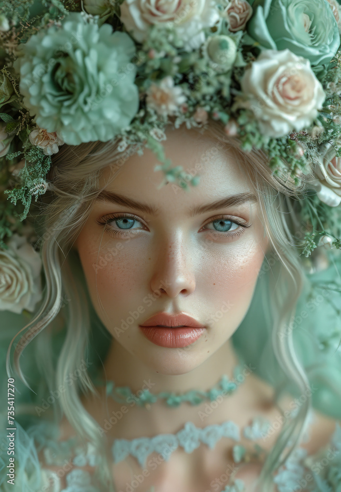 Portrait of beautiful young woman with wreath on her head. Portrait of beautiful young woman with wreath on her head.