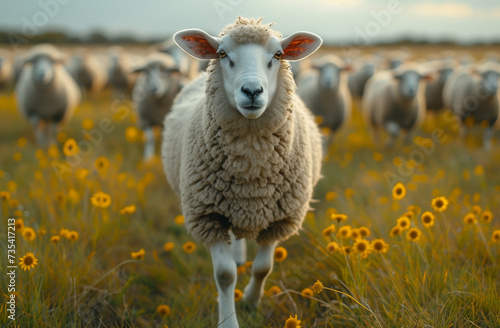 Sheep stands in field of sunflowers. Many sheep walking in a grassy field photo