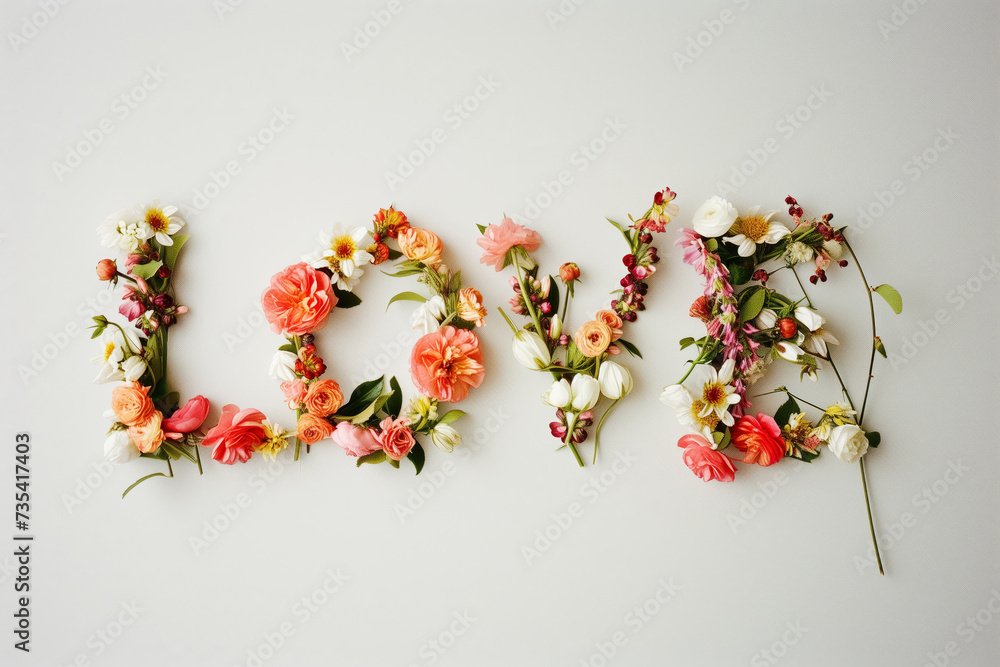 The inscription of love consists of flowers on a light background The inscription of love consists of flowers on a light background