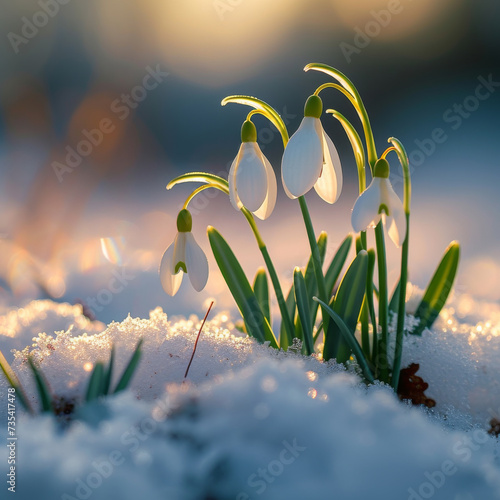 White snowdrop flowers growing through the snow in early spring photo