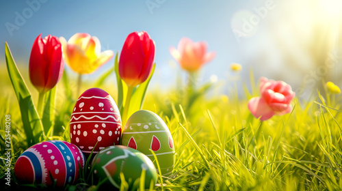 Easter eggs with tulips on green grass on a sunny day #735418208