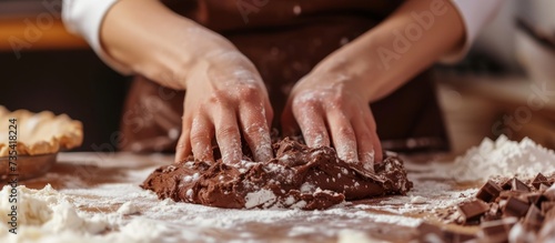 Artisan person is preparing delicious chocolate dough in the kitchen for homemade dessert