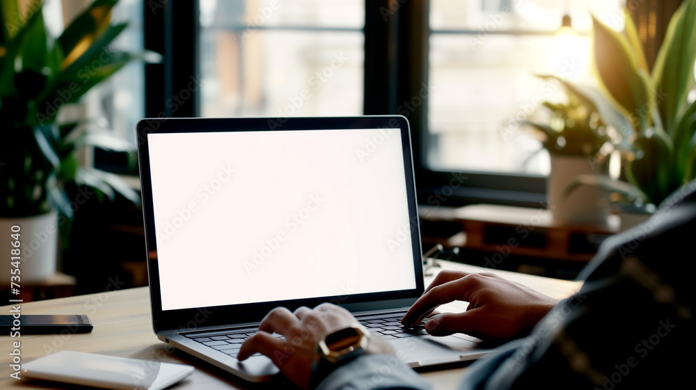 A man works on a laptop at a table, typing on a laptop keyboard with a white screen, close-up A man works on a laptop at a table, typing on a laptop keyboard with a white screen, close-up